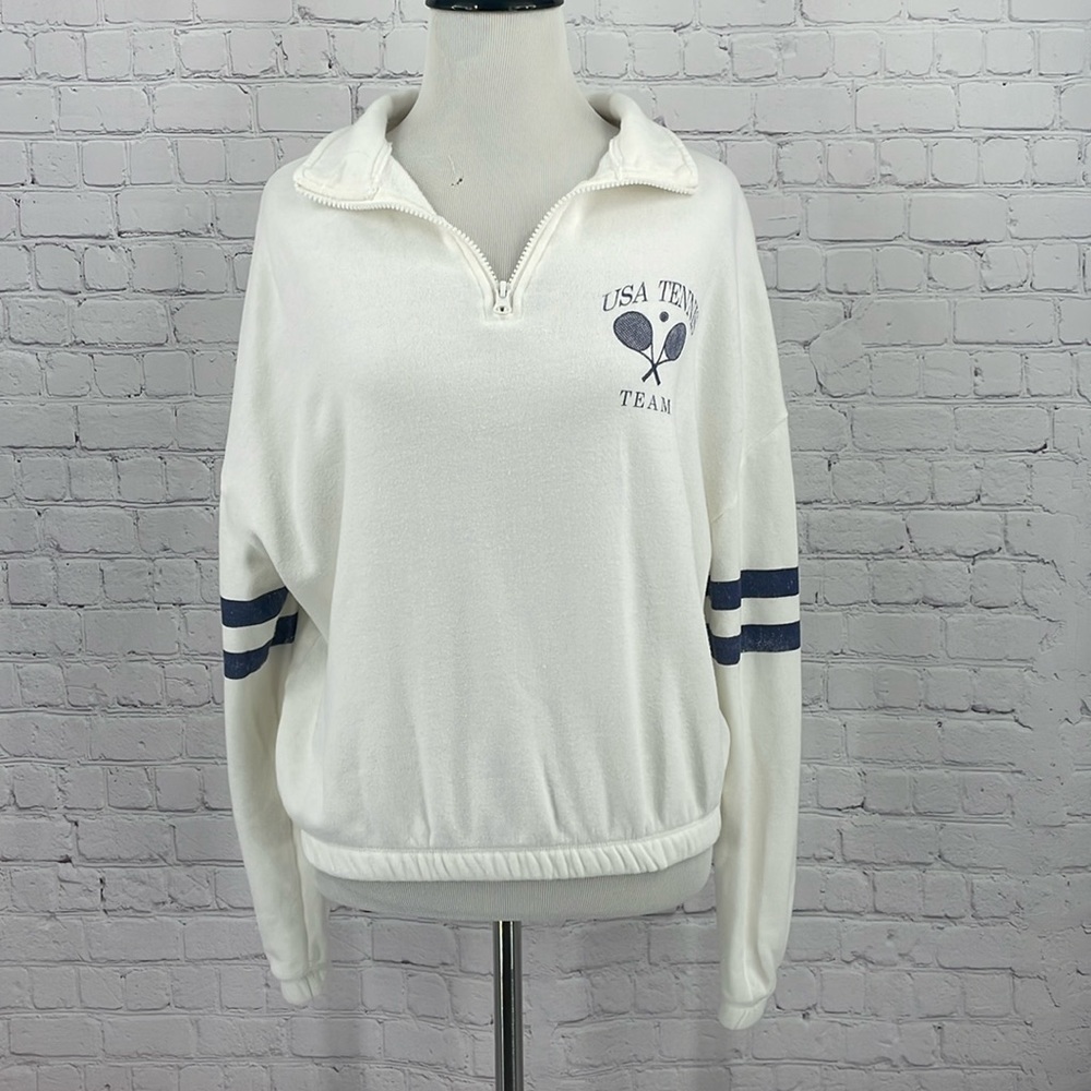 USA Tennis Team Greyson Threads Fleece White Half Zip Cropped Elastic Pullover S